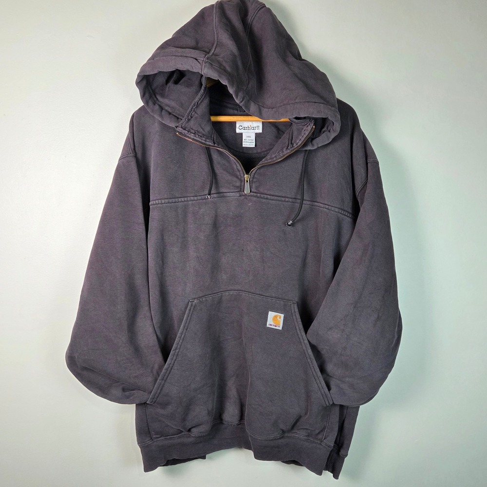 Carhartt Quarter Zip Hoodie Mens 2XL Black Good Vintage K217 Faded Workwear